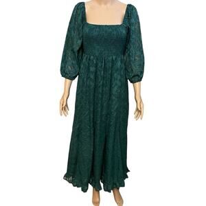 Anniewear Smocked Maxi Dress Medium Floral Balloon Sleeve Holiday Princess Green